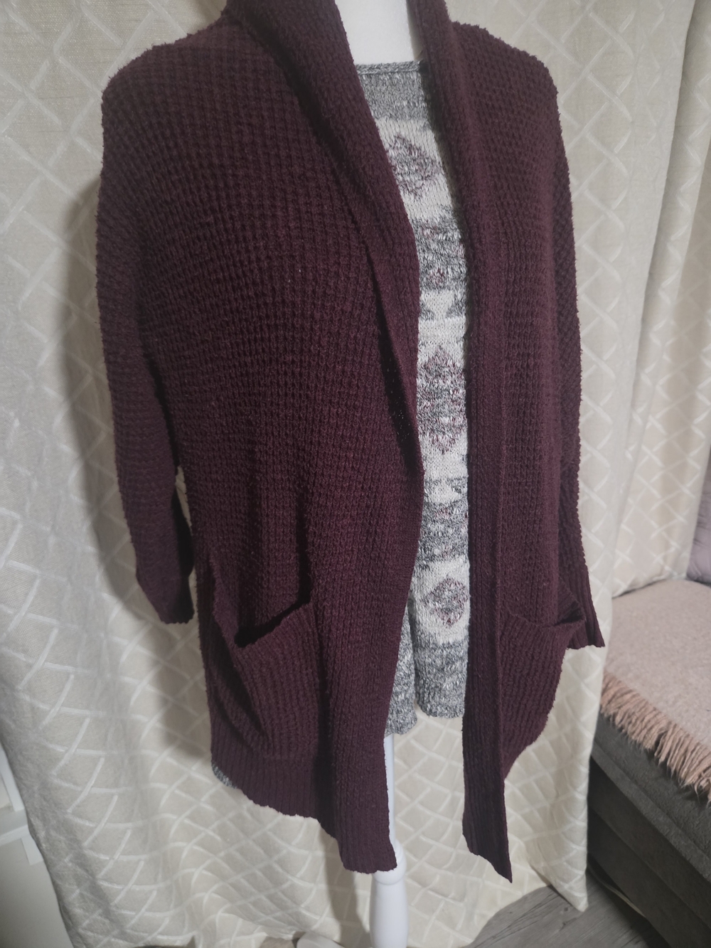 American Eagle Outfitters Open-Front Waffle Knit Cardigan - Burgundy
